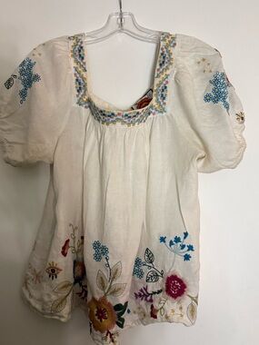 Johnny Was Style Embroidered Boho Blouse Ivory Floral Top Relaxed Fit Size L